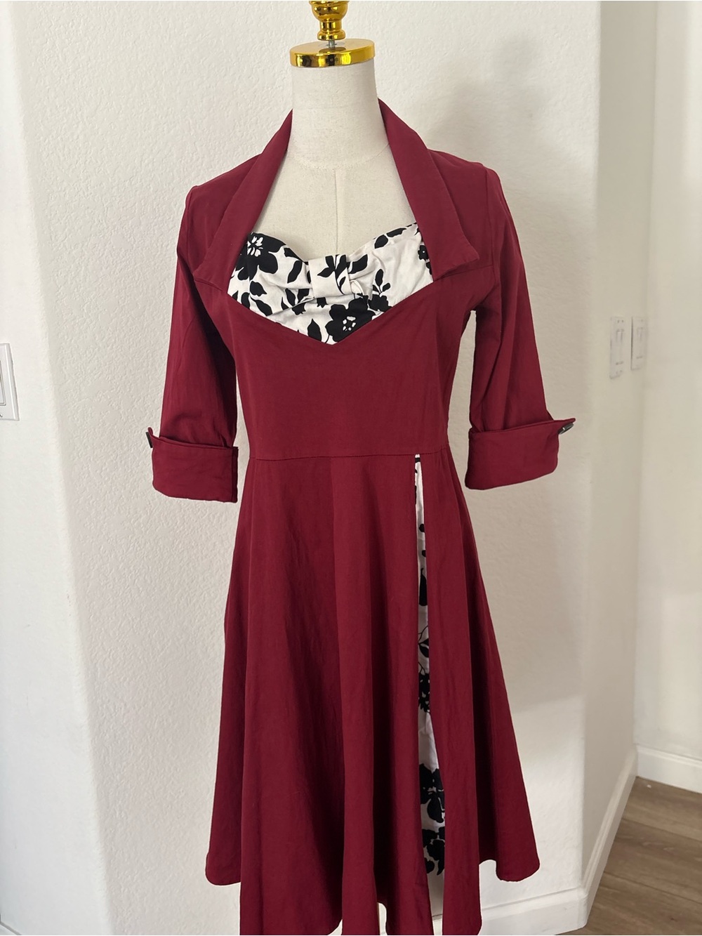 Burgundy Fit-and-Flare Dress with Floral Accent